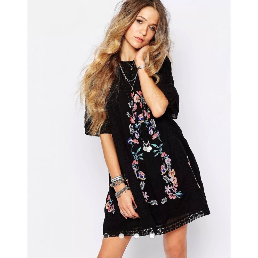 Free People Floral Black Embroidered Mini Dress M